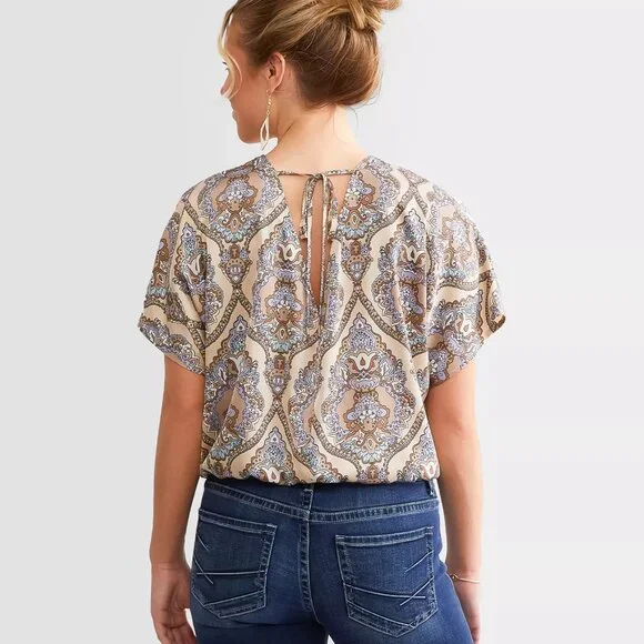 Daytrip Bohemian Paisley Print Dolman Top Large Blue Brown - Picture 2 of 6